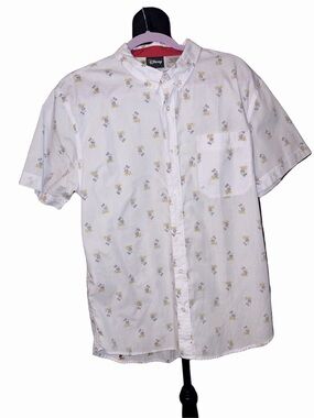 🆕💜 Disney Mickey Mouse All Over Print Button Up Shirt White Men’s L Casual